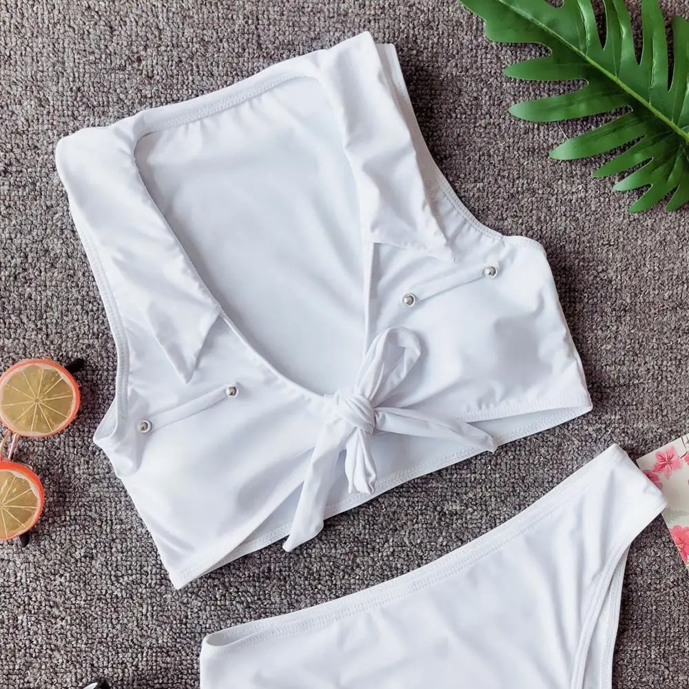 

Swimsuit Padded Push Up Solid Sports Bikini Beach Wear Swimwear Women Low Waist Polyester Bathing-Suit Swim Sexy Bandeau Bikini