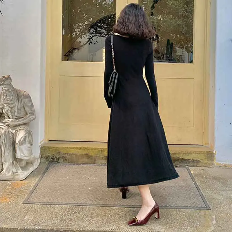 

Elegant Long Sleeve Square Collar Sweater Dress Women Knit 2020 New Autumn Winter Dress Female Slim A-Line Casual Vintage Dress