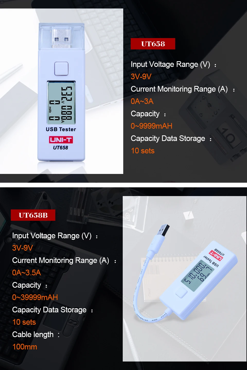 UNI-T UT658 UT658B USB Тестер Вольтметр Амперметр цифровой ЖК-монитор напряжения измеритель тока измеритель емкости 9 в 3 А с подсветкой