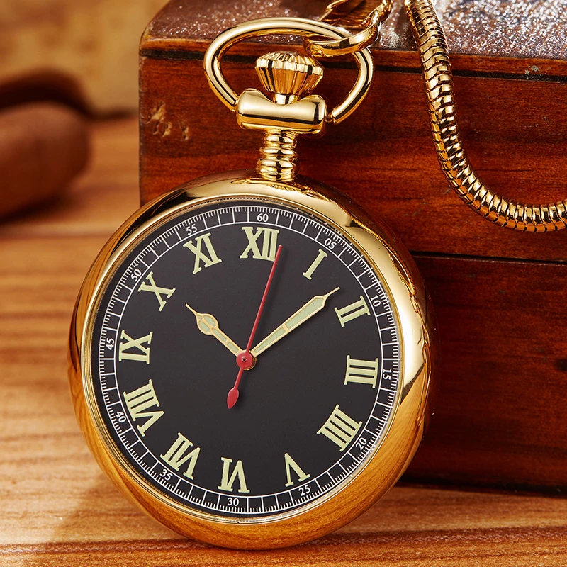Luxury Golden Mechanical Pocket Watch Roman Numerals Dial High Quality Black Gold Fob Chain Luminous Clock for Men Dropshipping