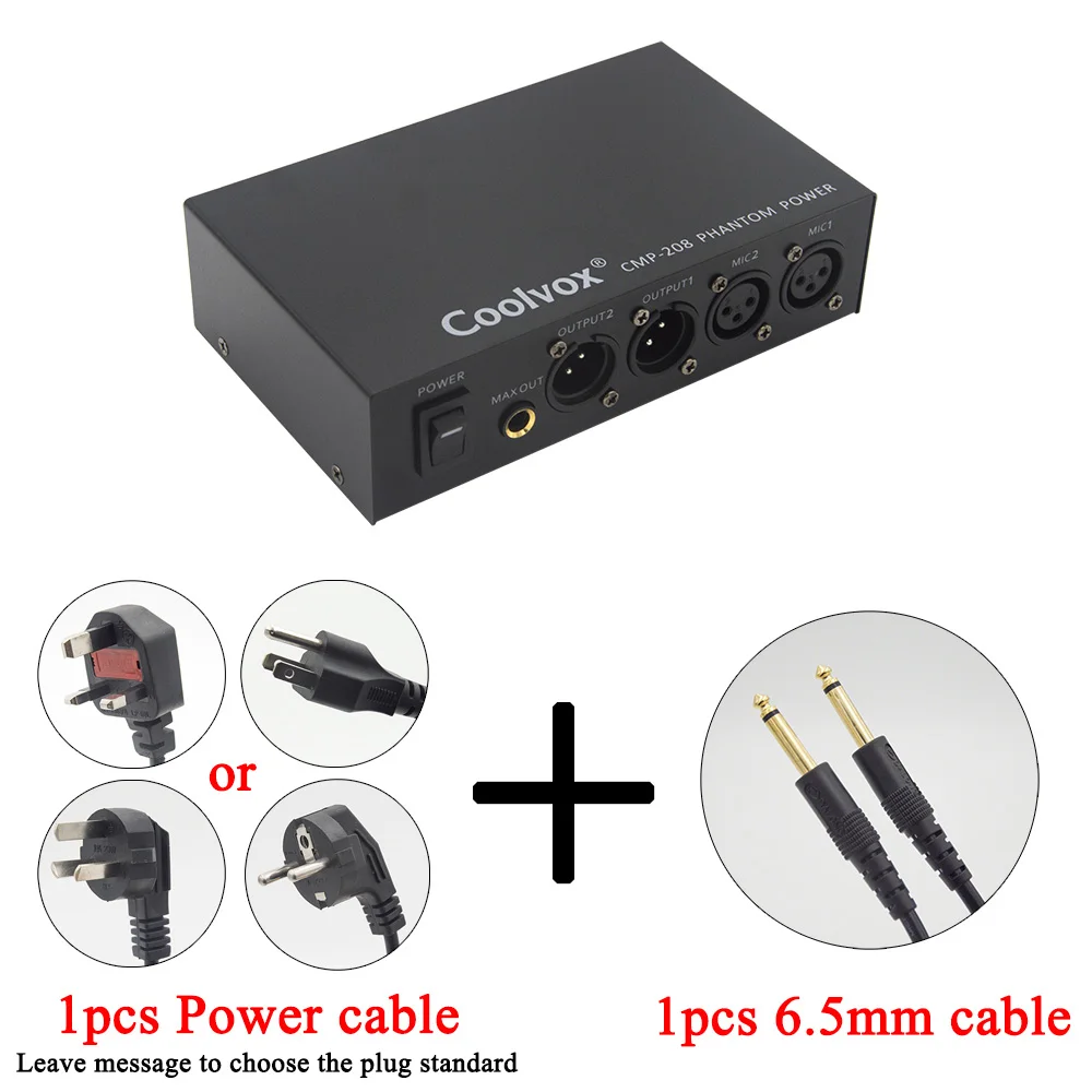 add 65mm cable Coolvox профессиональный DC 48v двойной смешанный внешний фантомный источник питания для конденсаторных микрофонов оборудование для записи музыки 100 V-250 V - Цвет: add 65mm cable