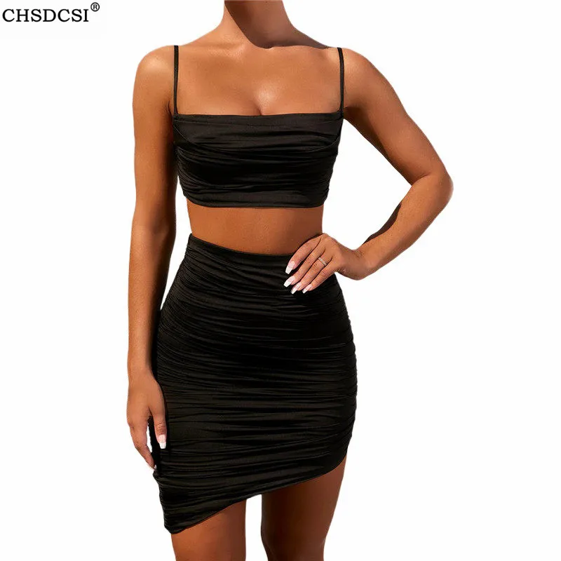 

CHSDCSI Two Piece Women Suits Irregular Outfits Set Fur Camis Top High Waist Bodycon Skirts 2 Piece Party Solid Pleated Camis