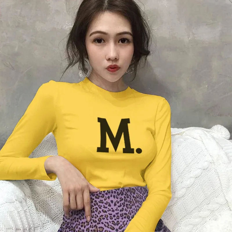 

Harajuku Tops Long Sleeve Turtleneck Women T-Shirt Letter Printed tees Autumn Sexy T-shirt Korean fashion Style