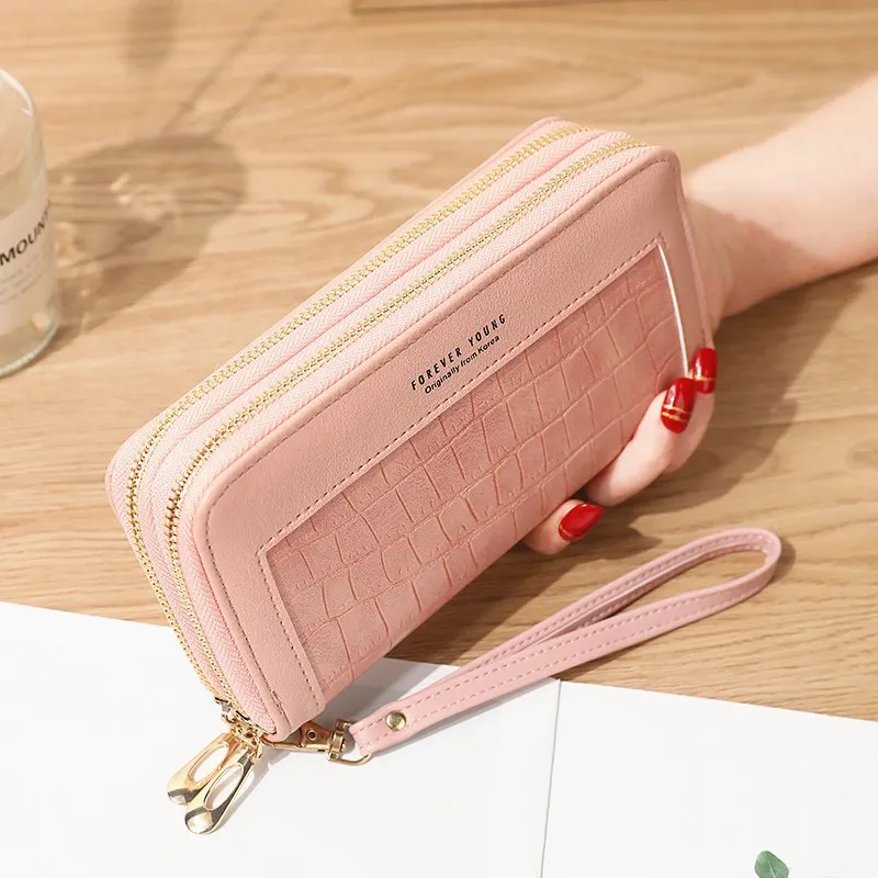 double zipper women long crocodile pattern wallets female letter pu leather solid color coin purses ladies card holder phone bag free global shipping