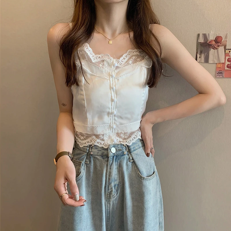 

Женский кружевной топ без рукавов, повседневный однотонный топ на пуговицах с V-образным вырезом, модель A572 большого размера во французском ...