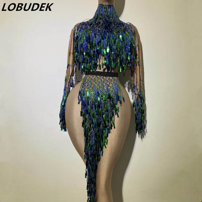 

Блестящее зеленое платье с бахромой и высоким разрезом, женское платье для латиноамериканских танцев с кисточками, короткое платье с длинным рукавом и высоким воротником, костюм диджея для танцев