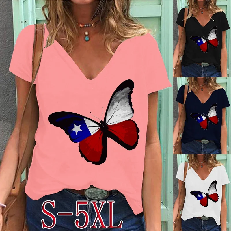 

Женская футболка с принтом флага, бабочки, V-образным вырезом и коротким рукавом