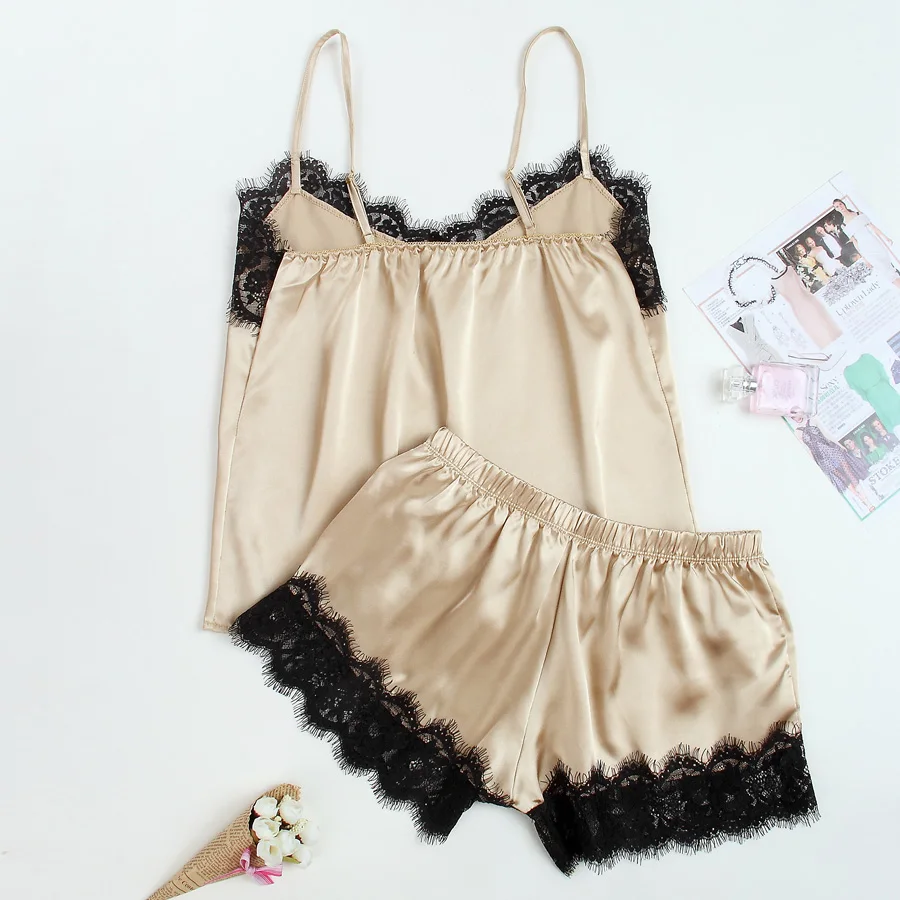 Пикантная Женская одежда для сна кружевной Шелковый Атласный пижамный комплект