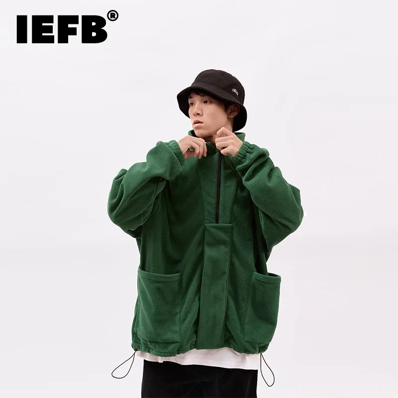 

IEFB Men's Japan Style Workwear Green Fleece Jacket Stand Collar Long Sleeve Autumn New Loose Oversized Casual Coat 9D1693