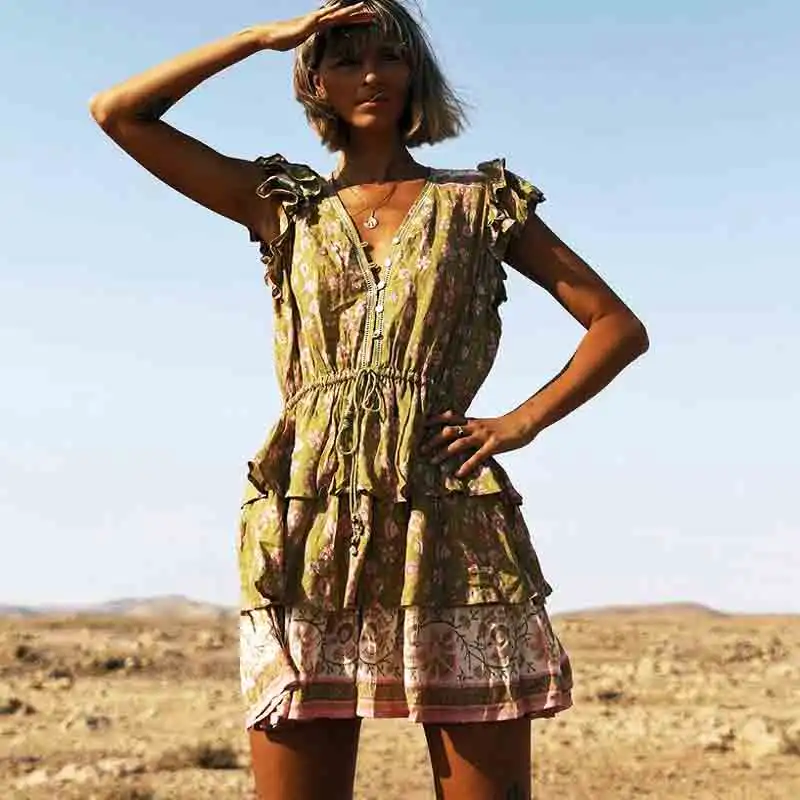 Мини платье TEELYNN 2019 вискозное с цветочным принтом boho платья рюшами и эластичной