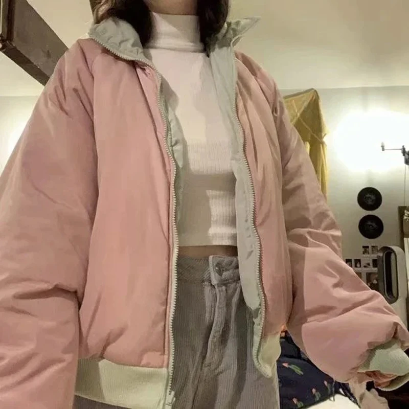 

Winter Double-Sided Color Matching Flight Jacket Stand-Up Collar Retro Loose Coat Thick Cotton Warm Padded Baseball Uniform