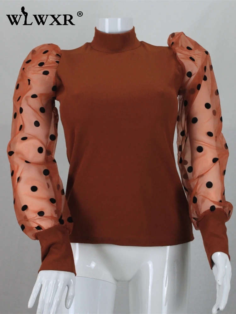 WLWXR ребристый вязаный свитер для женщин рубашка из сетчатого материала с пышными