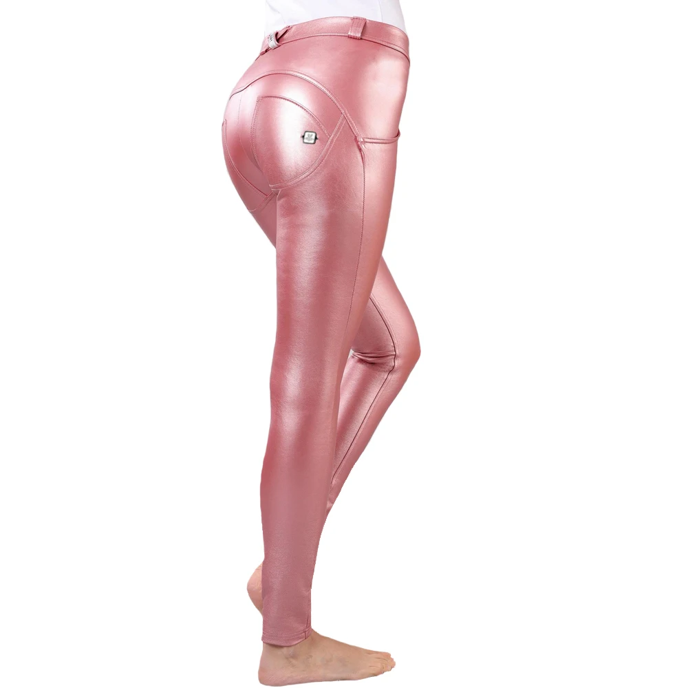 

Melody Pink Matellic Leather Pants Push Up Leggings Sexy Full Length Skinny Leggins Middle Waist Button Fly Pants Free Shipping