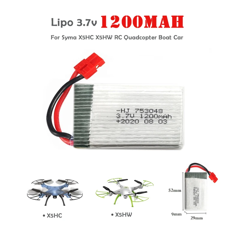 

1/2/3/5PCS RC Drone Lipo Battery 3.7V 1200mAh For Syma X5UC X5UW X5HC X5HW RC Drone Parts Boat Car Accessories Battery 753048