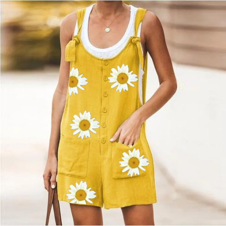

Women Rompers Summer Casual Loose Sleeveless Jumpsuit Solid Button Pocket Suspenders Bib Short Pants Wide Leg Playsuits Overalls