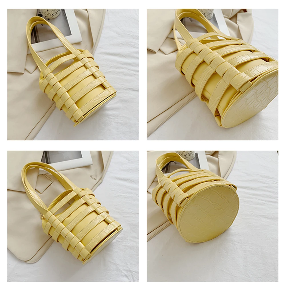 

Summer Women Hollow Woven Handbags PU Leather Bucket Shopping Tote Bag Ladies Solid Color Zipper Top-Handle Bags