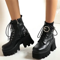 punk goth rivets shoes women lace up round toe high heel motorcycle boots female winter warm chunky platform pumps casual shoes