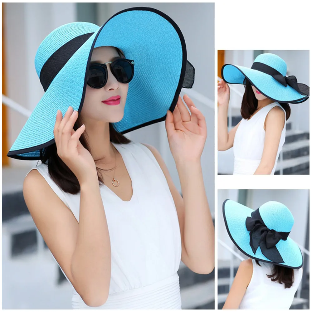 

#2 Hot Summer Floppy Straw Hat Women Bowknot Wide Brim Beach Hat Sun Foldable Cap