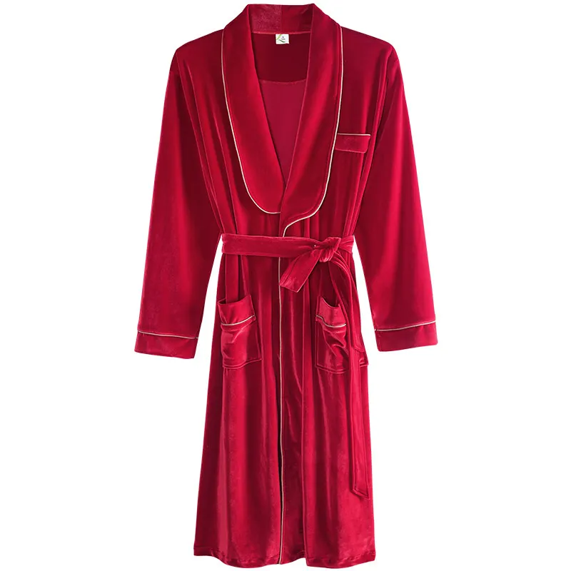 Robe for Men Velvet Winter Bathrobe Quality Soft Mens Kimono Red Chinese Wedding Warm Home Gown Bath New | Мужская одежда