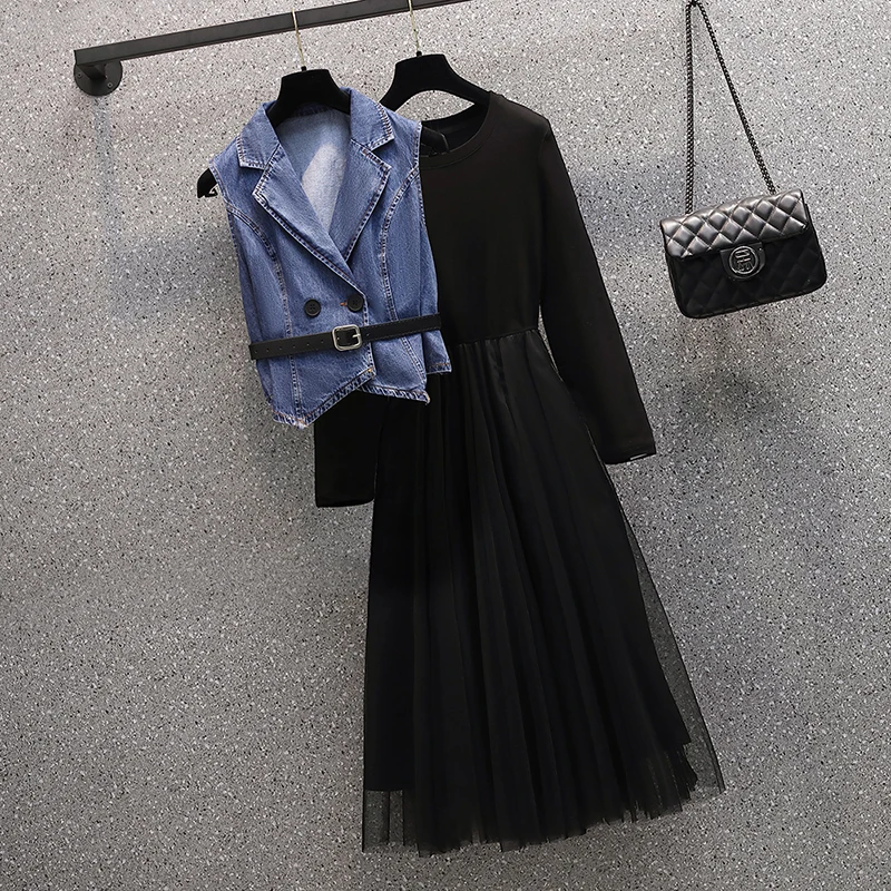 

SuperAen 2021 осень новый модный джинсовый жилет полный костюм из двух частей марлевые платья трапециевидной формы до середины икры для женщин