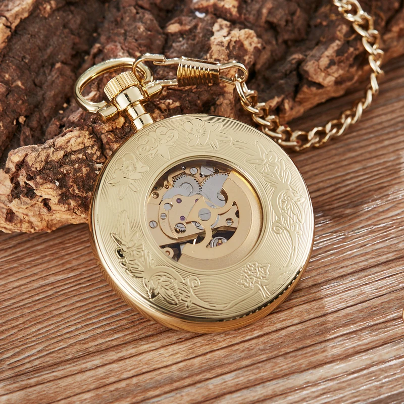 Golden Sliver Smooth Automatic Mechanical Pocket Watch Steampunk Skeleton Fob Chain Hand Winding Hollow for Men Women