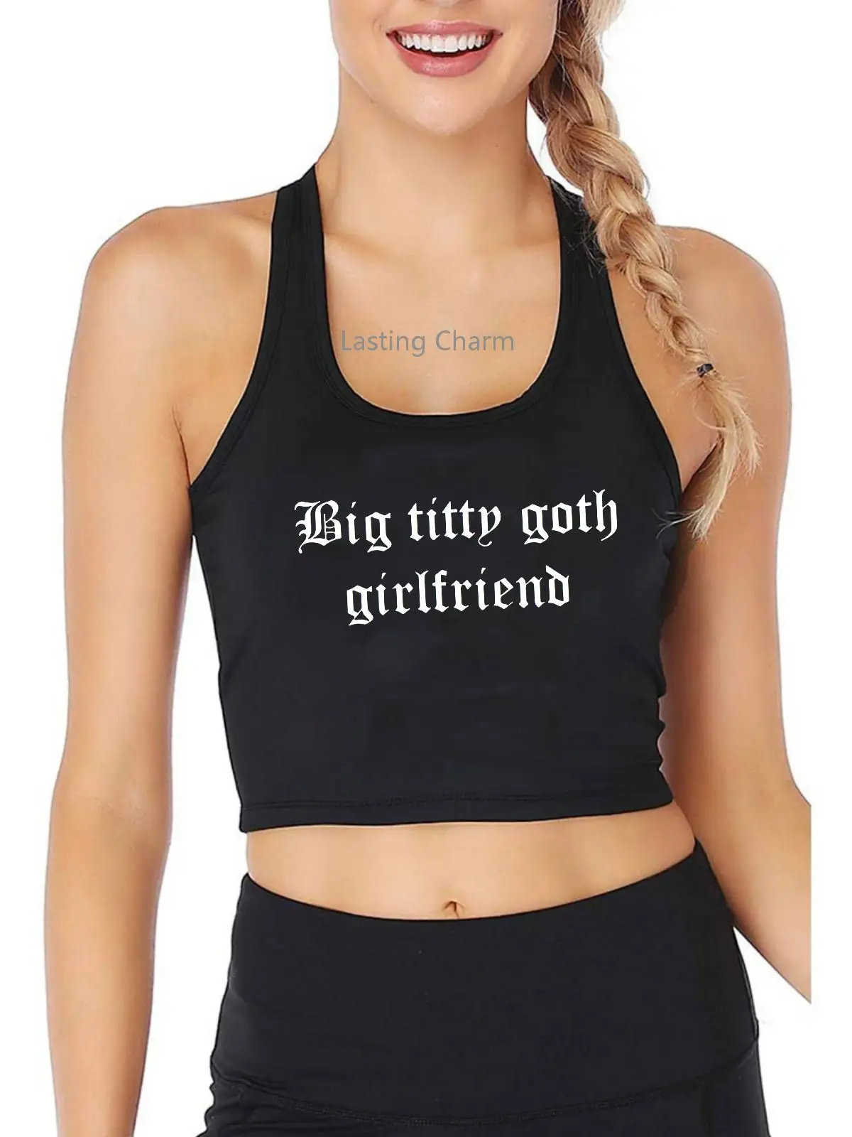 Big titty goth girlfriend Crop Tank Adult Humor Fun Flirty Print Yoga Sports Workout Crop Top Women's Gym Tops
