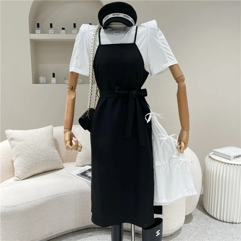 

Women's Spring Summer 2021 Fashion Fake two pieces Bandage black Stitched suspender Dress