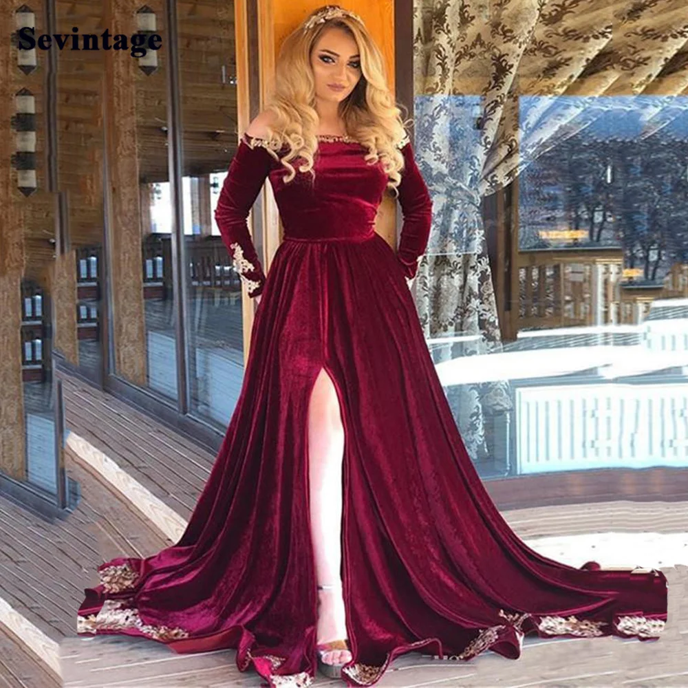 

Sevintage Burgundy Arabic Soft Velvet Evening Dress Long Sleeve Split Lace Prom Gowns Sweep Train Princess Women Party Dresses