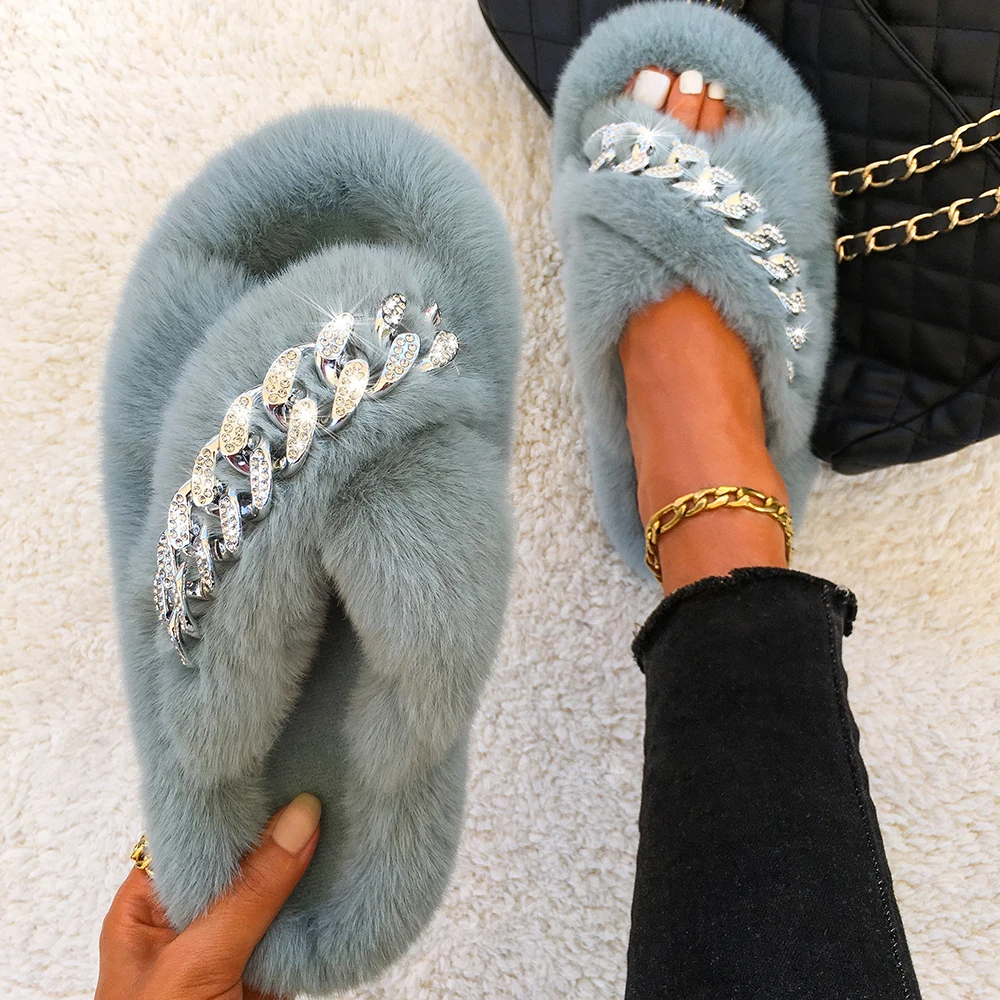 Slippers Female Crystal Furry Slides Fluffy Sandals Ladies Faux Fur Flip Flops Luxury Slippers Women Indoor House Casual Shoes