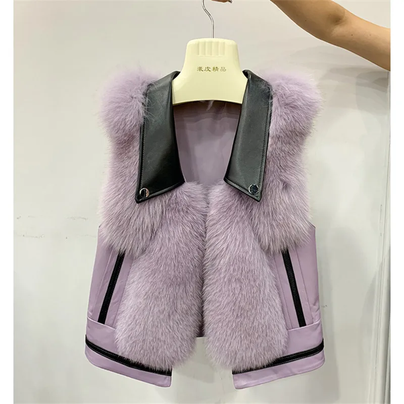 FURSARCAR New Real Natrual Fox Fur Vest Genuine Leather Short Sleeveless Fur Waistcoat Women Winter  Sheep Skin Fox Fur Gilet
