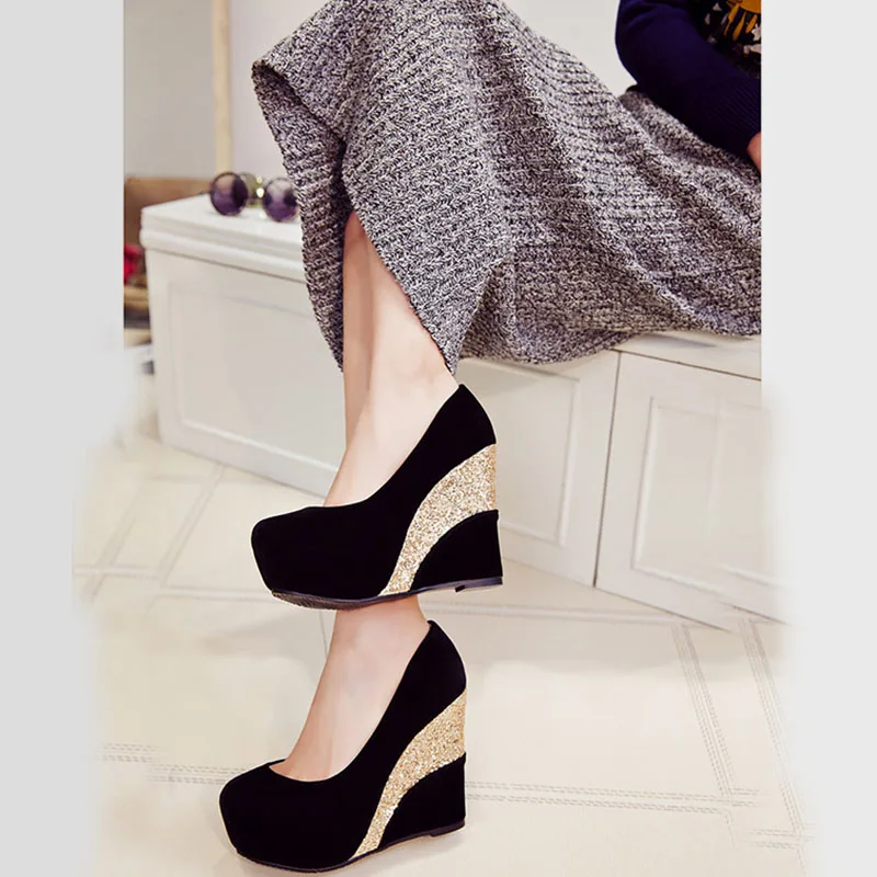 

EAGSITY Suede sequined women wedges shoes platform round toe pumps slip on wedding party ladies dress
