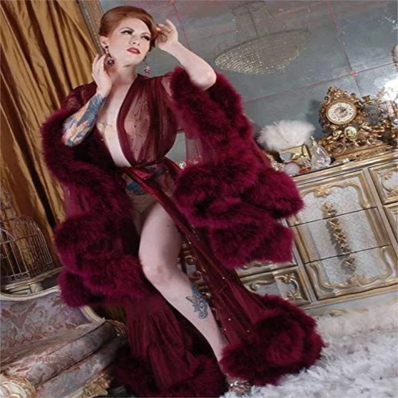 Fashion Bathrobe Women's Feather Bath Gown Tulle Illusion Long Bridal Robe Wedding Nightgown