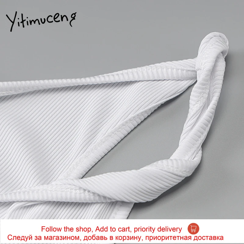 

Yitimuceng Knitwear White Dress Women Spaghetti Strap Party Backless Side Split Sexy Deep V-Neck Mid-Calf Dresses 2021 Summer