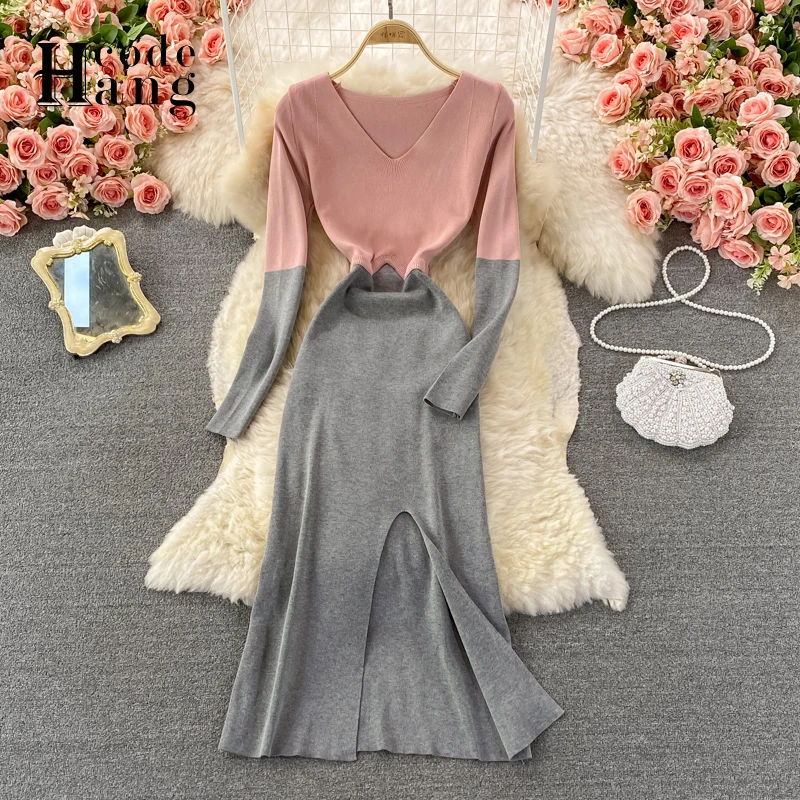 

HangCode Fashion Color Patchwork Lady Knitted Sweater Dress 2021 Autumn Winter Sexy Split A-line Long Dress Korean Vestidos