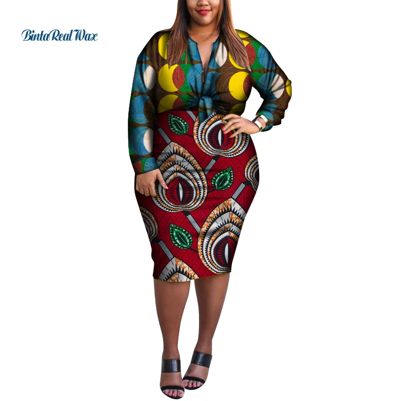 

African Print Top and Skirts Set for Women Bazin Riche Cotton 2 Pieces Sets Long Sleeve Plus Size African Women Clothes WY6712
