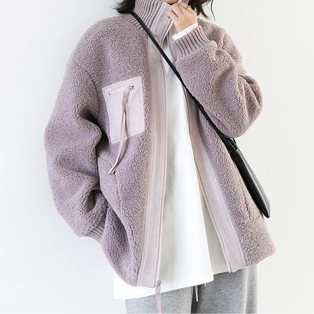 

2021 New Women Knits Jacket Long Sleeve Solid Lapel Loose Mid-length Zipper Patchwork Casual OL Commuter Thicken Winter Lady Top