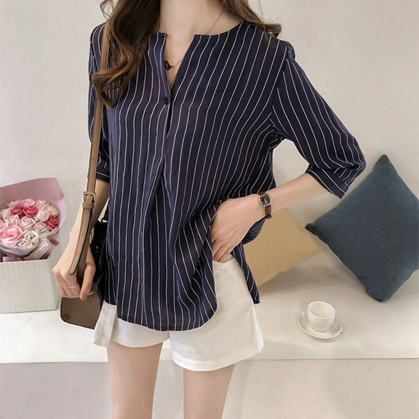 

Women's Blouse 2022 Fashion Women's Casual Striped O Neck Blouses Half Sleeve Button Shirts Tops Plus Size tunique femme
