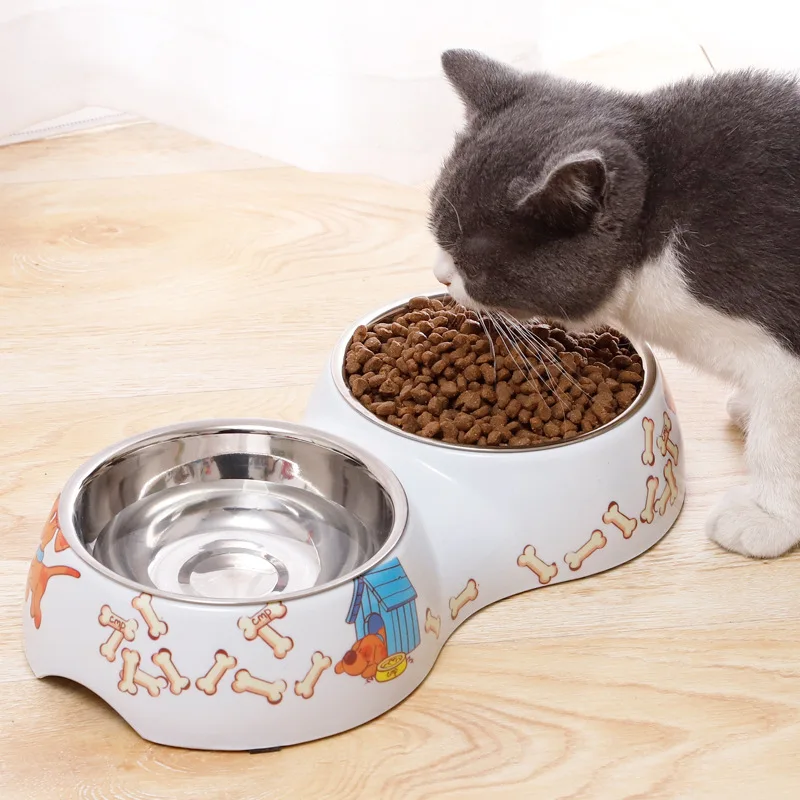

Stainless Steel Pets Drinking Dish Feeder Cute Cat Dog Double Bowl Puppy Food Water Feeder Pets Supplies Feeding Disher