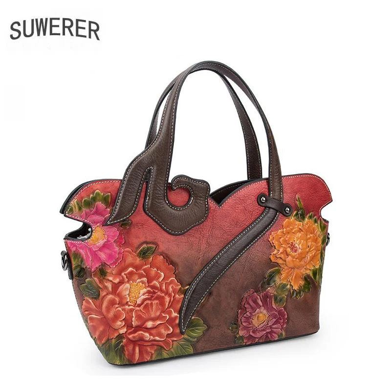 

SUWERER Women Genuine Leather bag fashion real cowhide Embossing bag Genuine Leather women bags for women 2019 new famous brand
