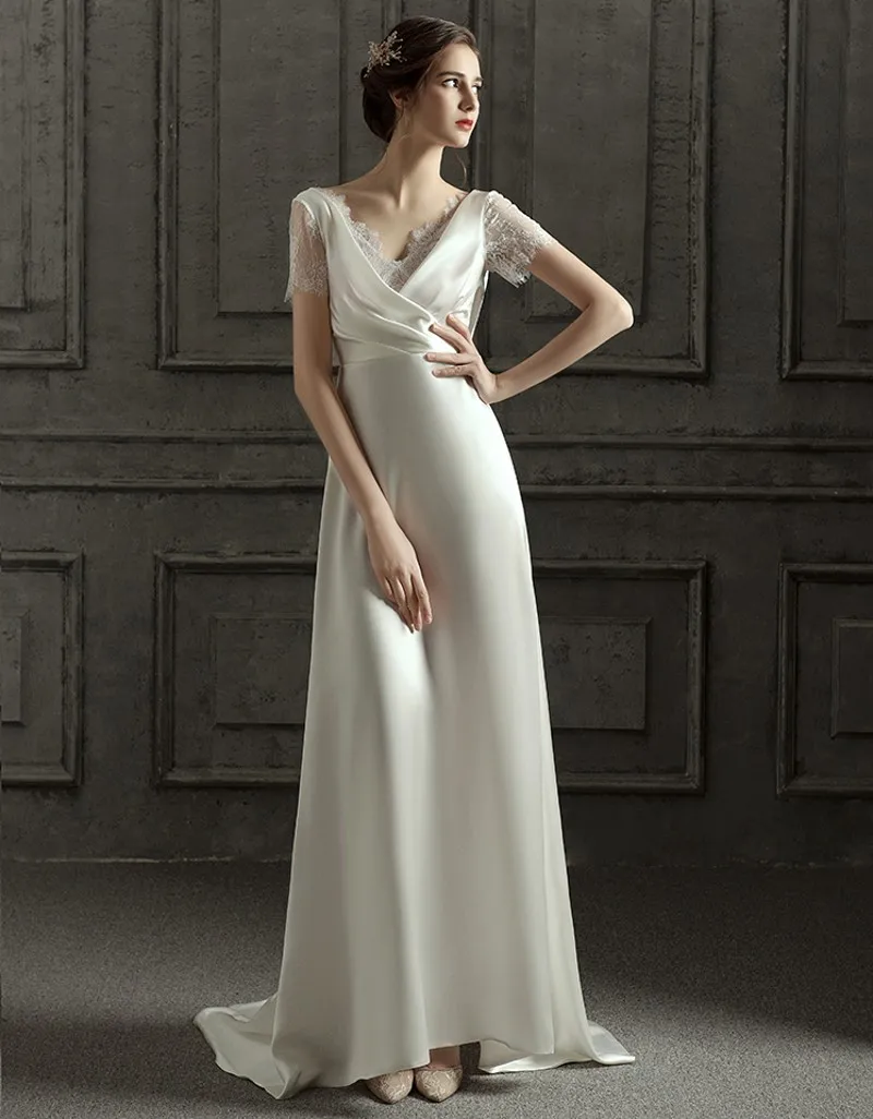 Винтажное атласное кружевное свадебное платье с коротким рукавом и v образным