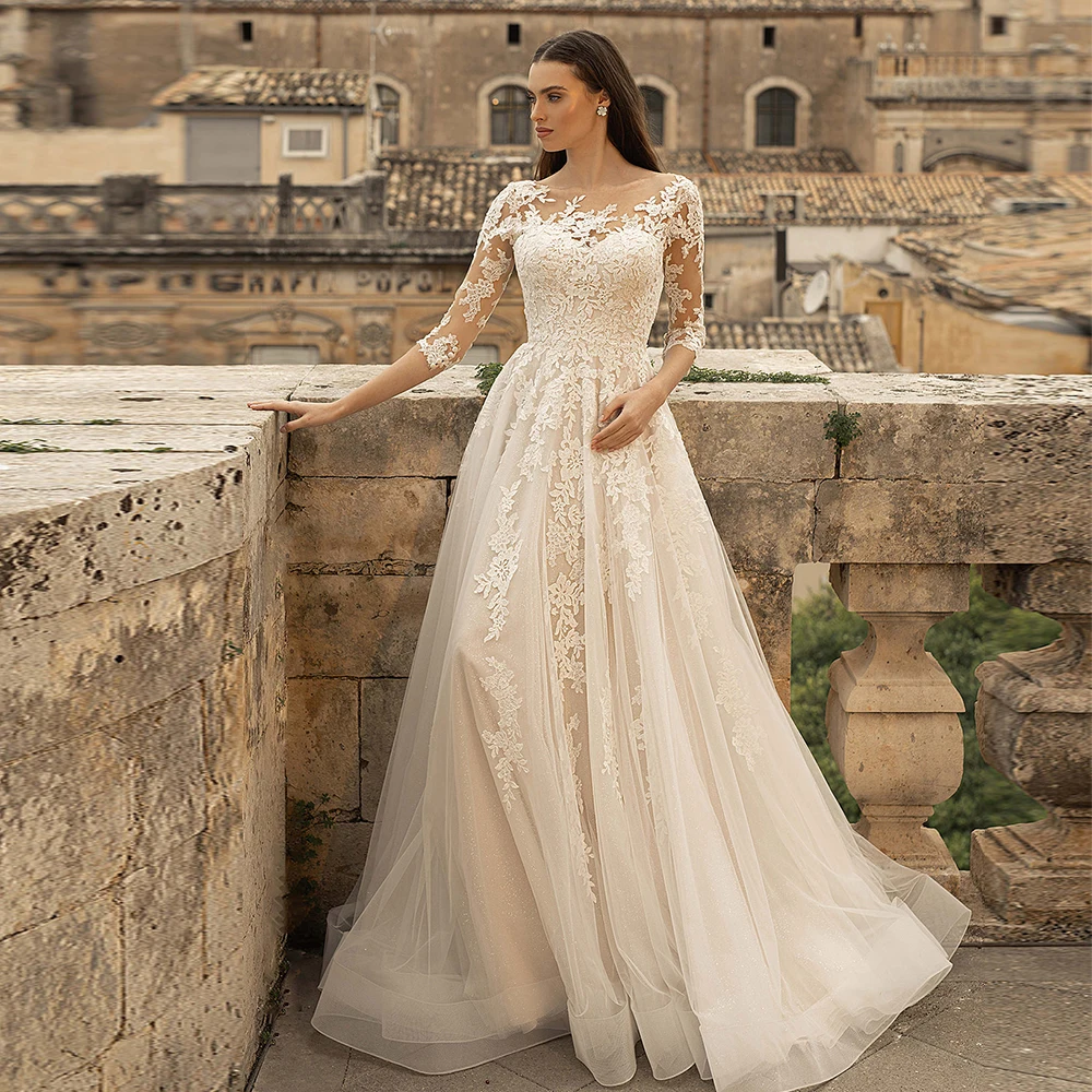 

Charming Lace Wedding Dresses 2021 3/4 Sleeves Corset Button Summer Beautiful Merry Colorful Light A-line Bridal Gowns for Women