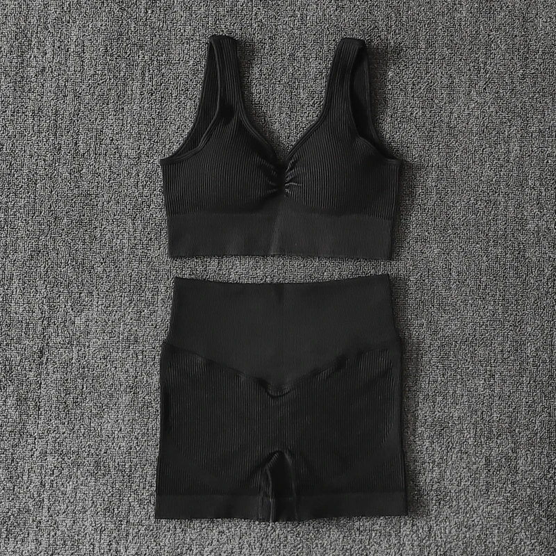 

WAREBALL Ribbed Seamless Yoga Set Women Gym Clothing Workout Sportswear Yoga Set High Waist Shorts Sport Bra Sport Suit