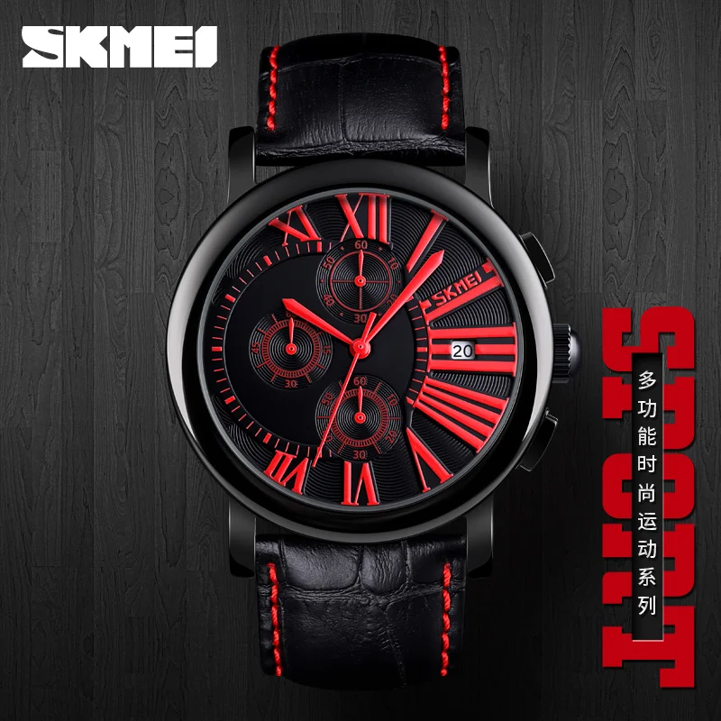 

SKMEI 9196 Stopwatch Business Men Sport Big Dial Quartz Watch Leather Strap Male Wristwatches Teenagers Clock Relogios Masculino