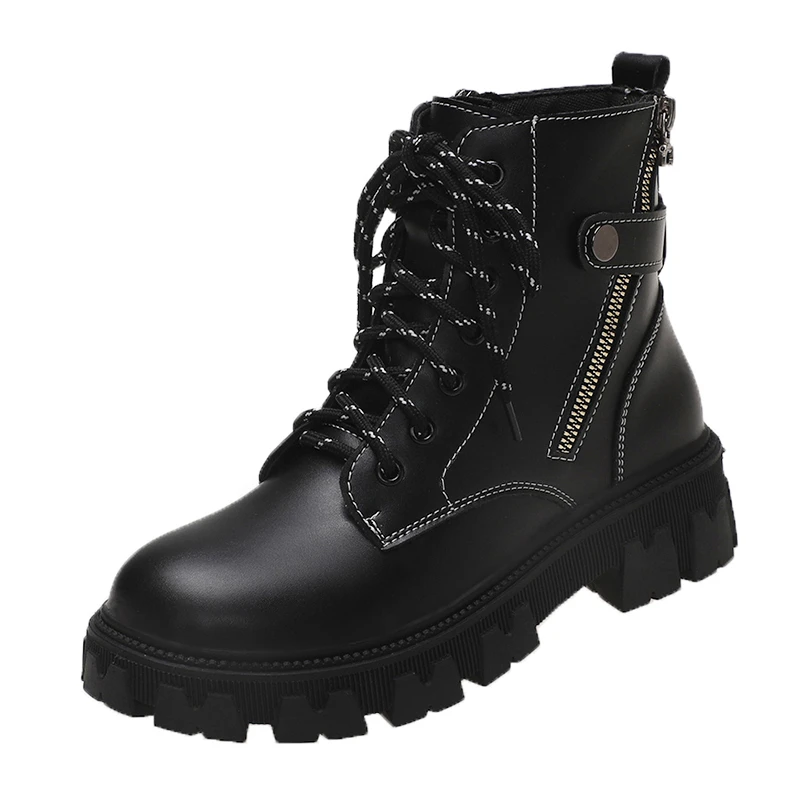

Ботильоны женские кожаные на шнуровке, ботинки с круглым носком, мотоциклетная обувь на платформе, черные, Осень-зима