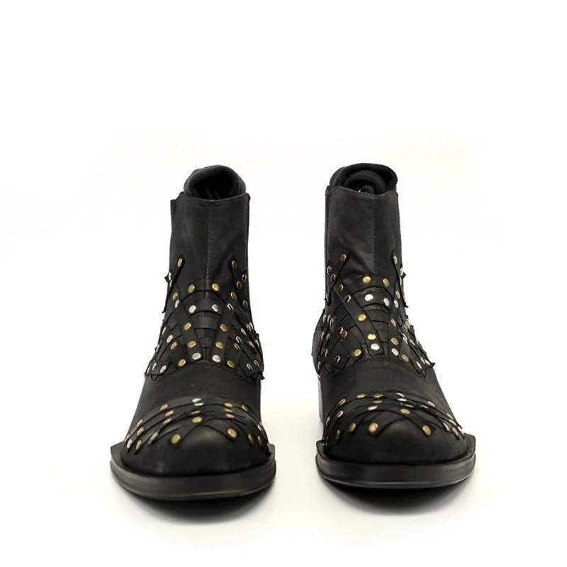 Мужские ботильоны с заклепками черные ботинки челси из натуральной кожи высоким