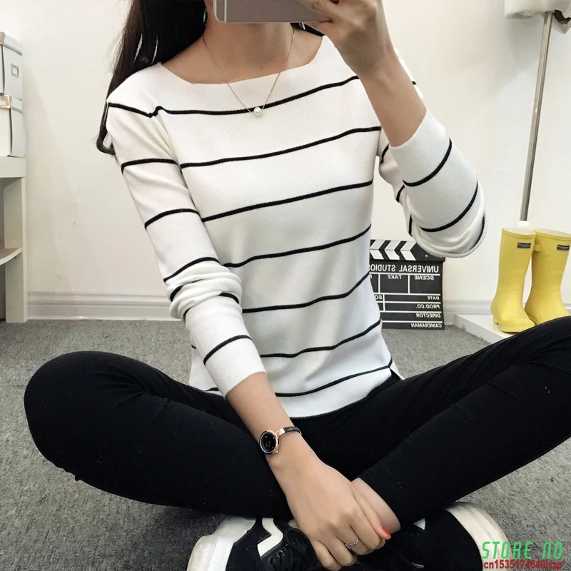 

2021 Striped Collar Sweater Sweater Autumn Thin Coat Dress Lady Shirt Autumn Jacket Female