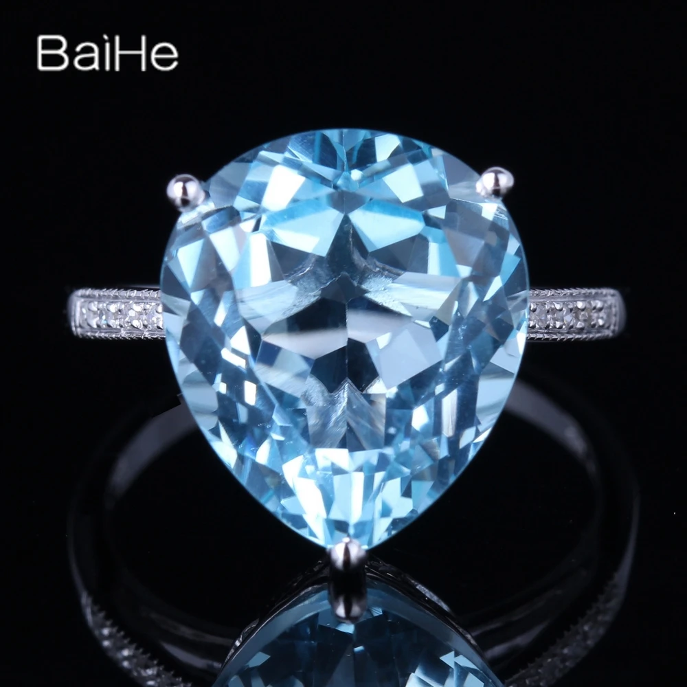 Однотонное кольцо BAIHE 14K с белым золотым голубым топазом для женщин и мужчин