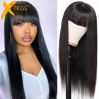 Парики из натуральных синтетических волос черного цвета с челкой, Длинные прямые, предварительно выщипанные, высокотемпературный парик, X-TRESS