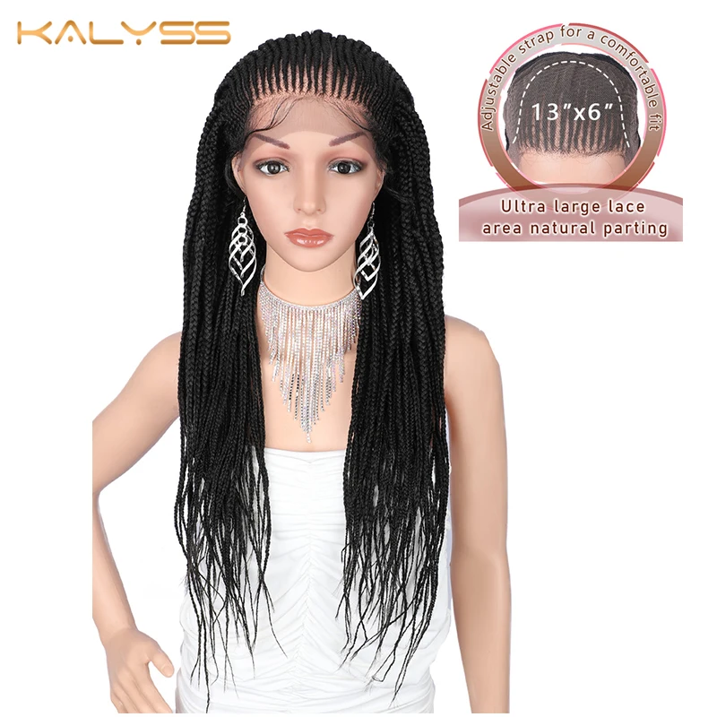 

Kalyss 29 Inches 13x6 Hand Braided Wigs Synthetic Lace Front Wig for Black Women Natural Black Box Braids Wig with Baby Hair