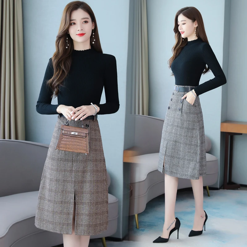 Клетчатое шерстяное вязаное платье на пуговицах для женщин сезон осень-зима